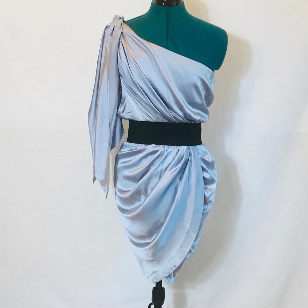 Foley&Corinna silk shoulder draped cocktail dress S blue/silver asymmetrical
